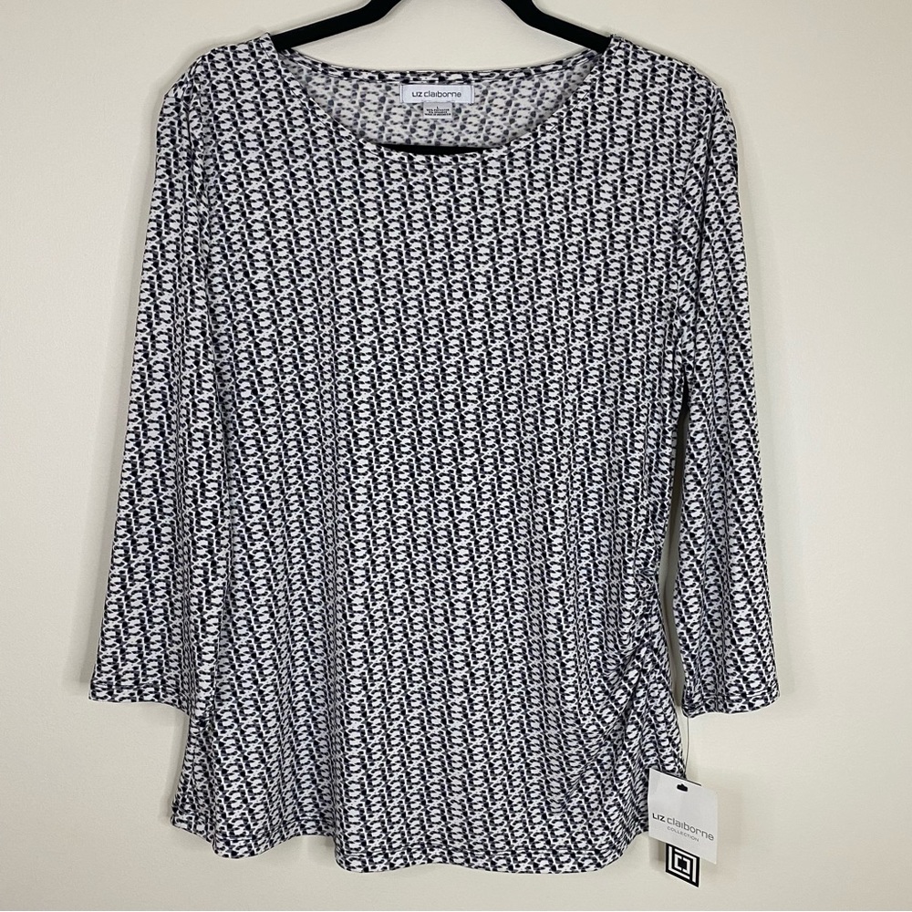 NWT Liz Claiborne Bordeaux Riches Marshmallow Multi 3/4 Sleeve Women’s L Blouse